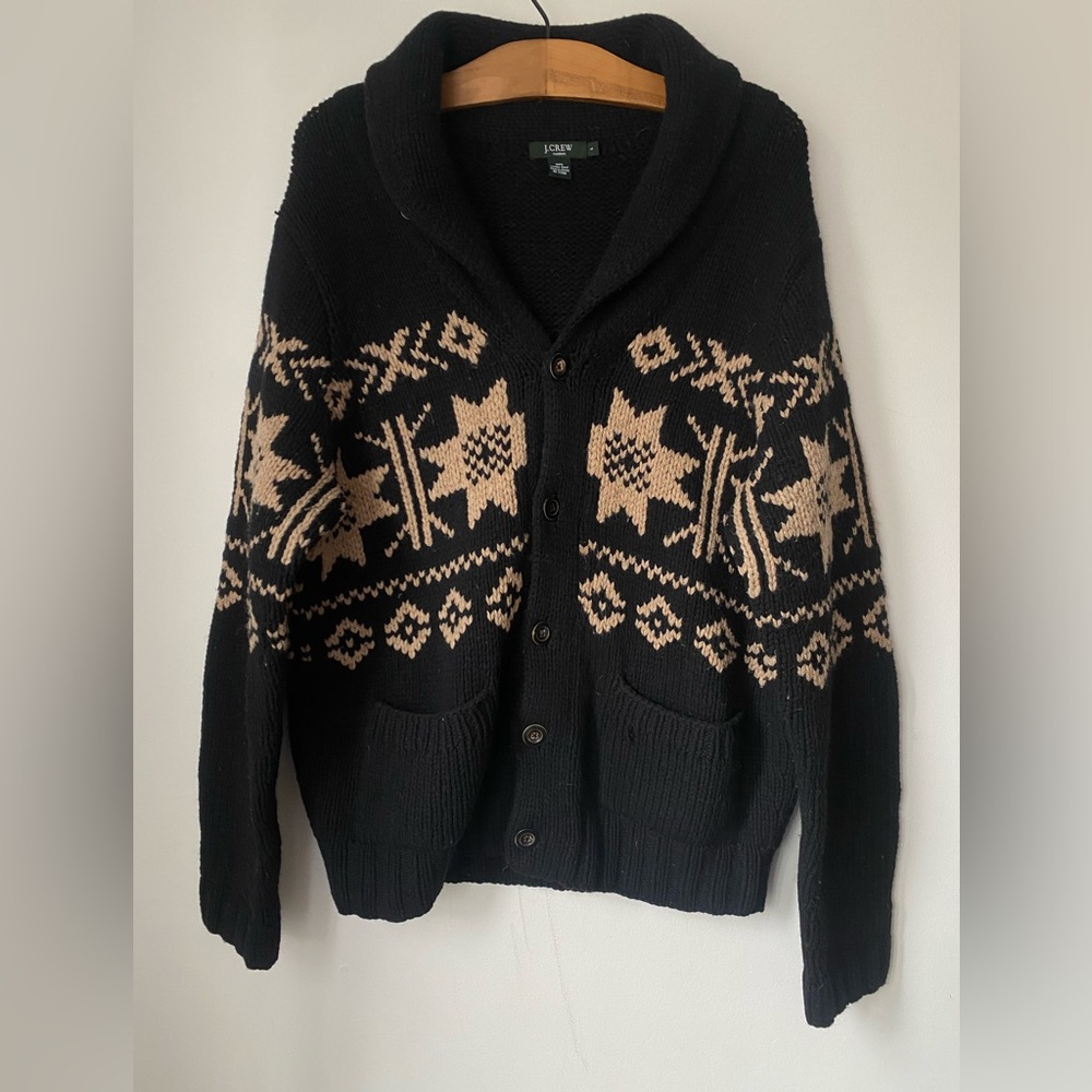 J. Crew Sweater Men’s Large 100% Wool Hand Knit Fair Isle Black Cream Cardigan